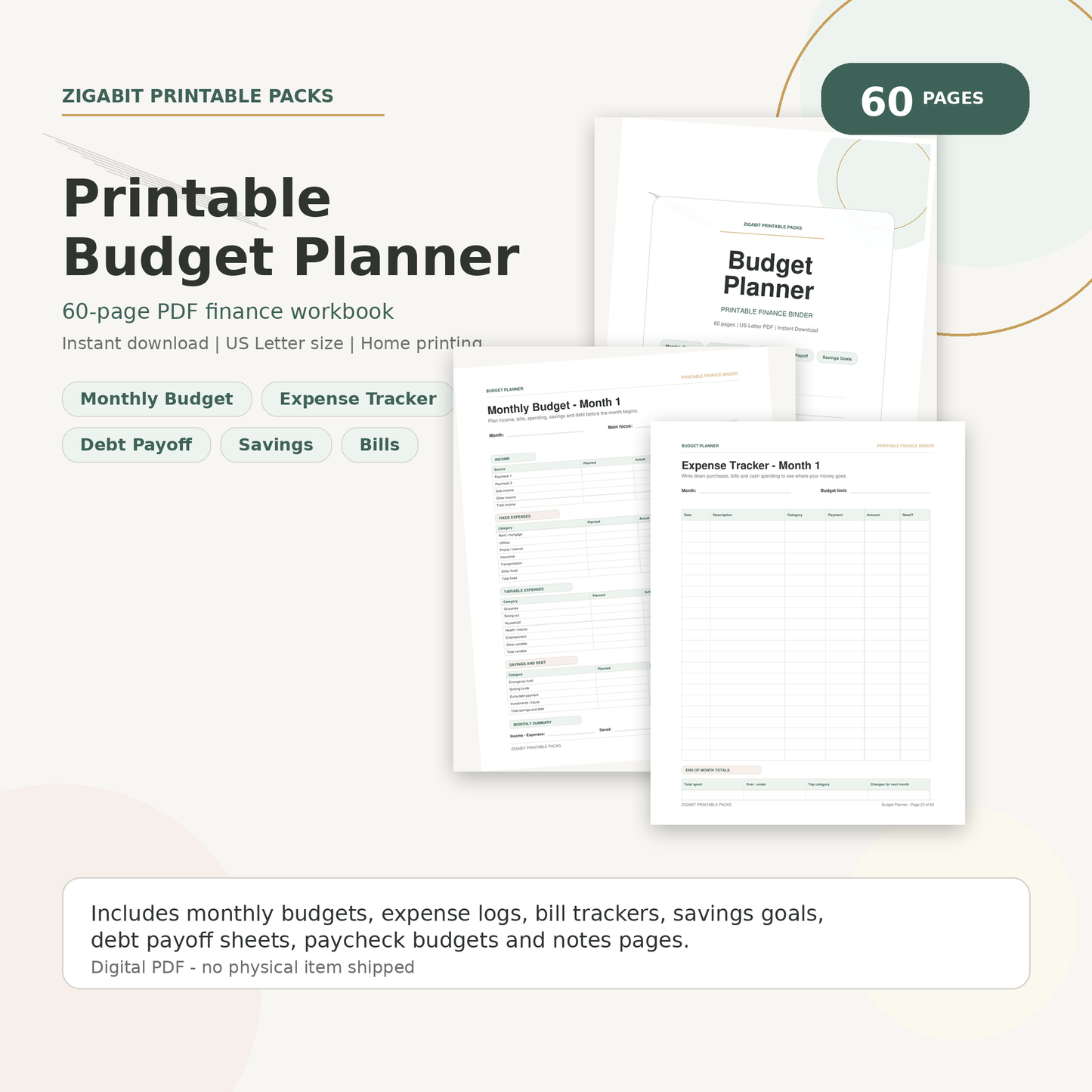 Printable Budget Planner PDF | 60-Page Budget Binder | Instant Download