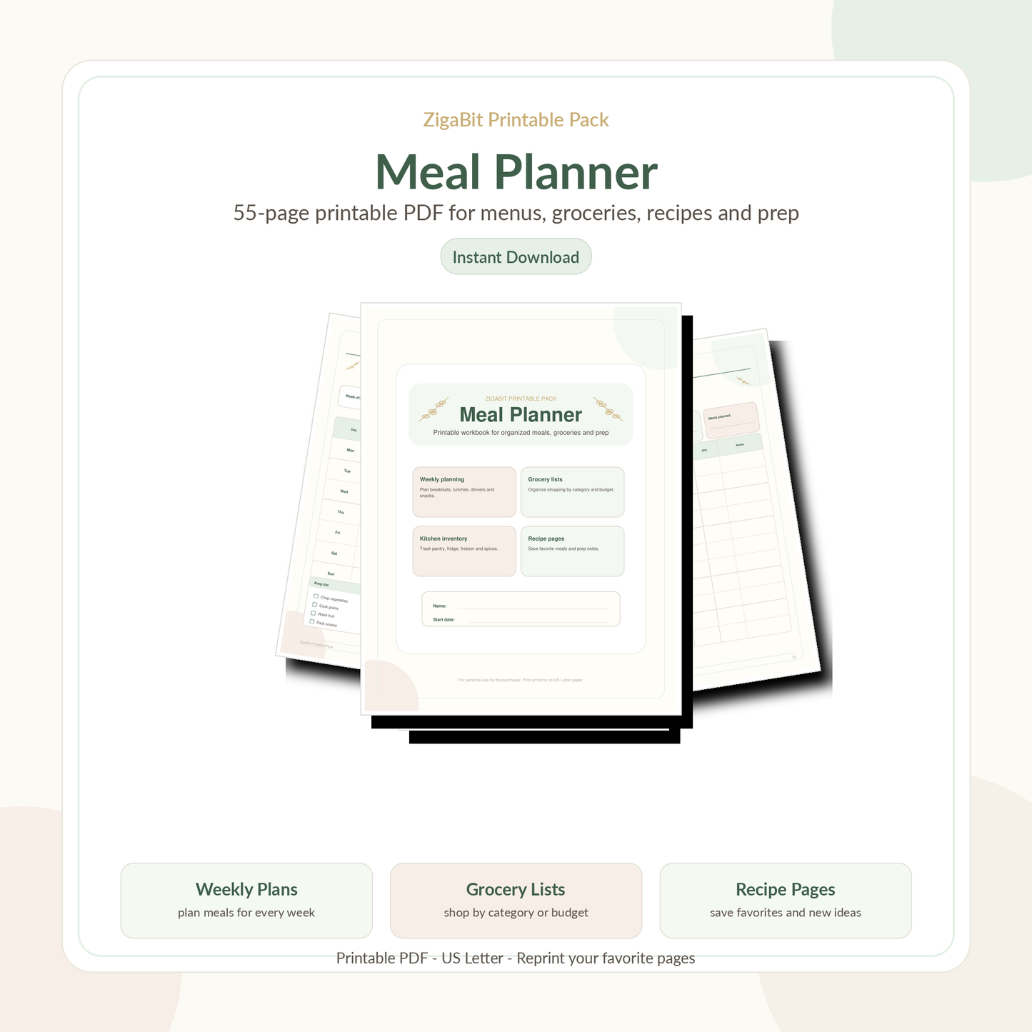 Printable Meal Planner PDF – 55-Page Meal Planning Workbook