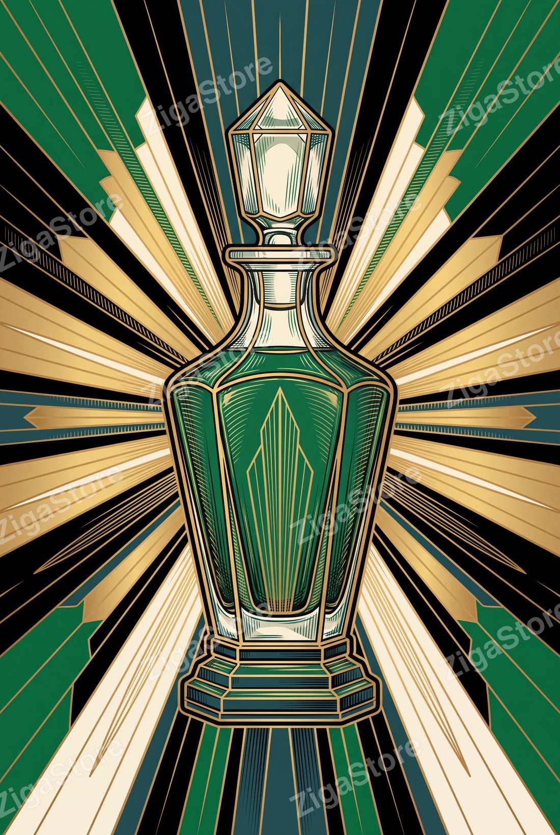 The Emerald Decanter | Art Deco Maximal Printable Wall Art Print by Marrow & Gold — print preview (watermarked)