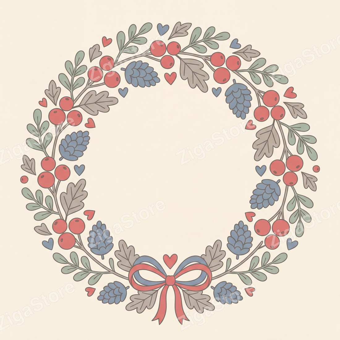 Pinecone & Sage Folk Wreath | Scandi Folk Printable Wall Art Print by Linden Row — print preview (watermarked)