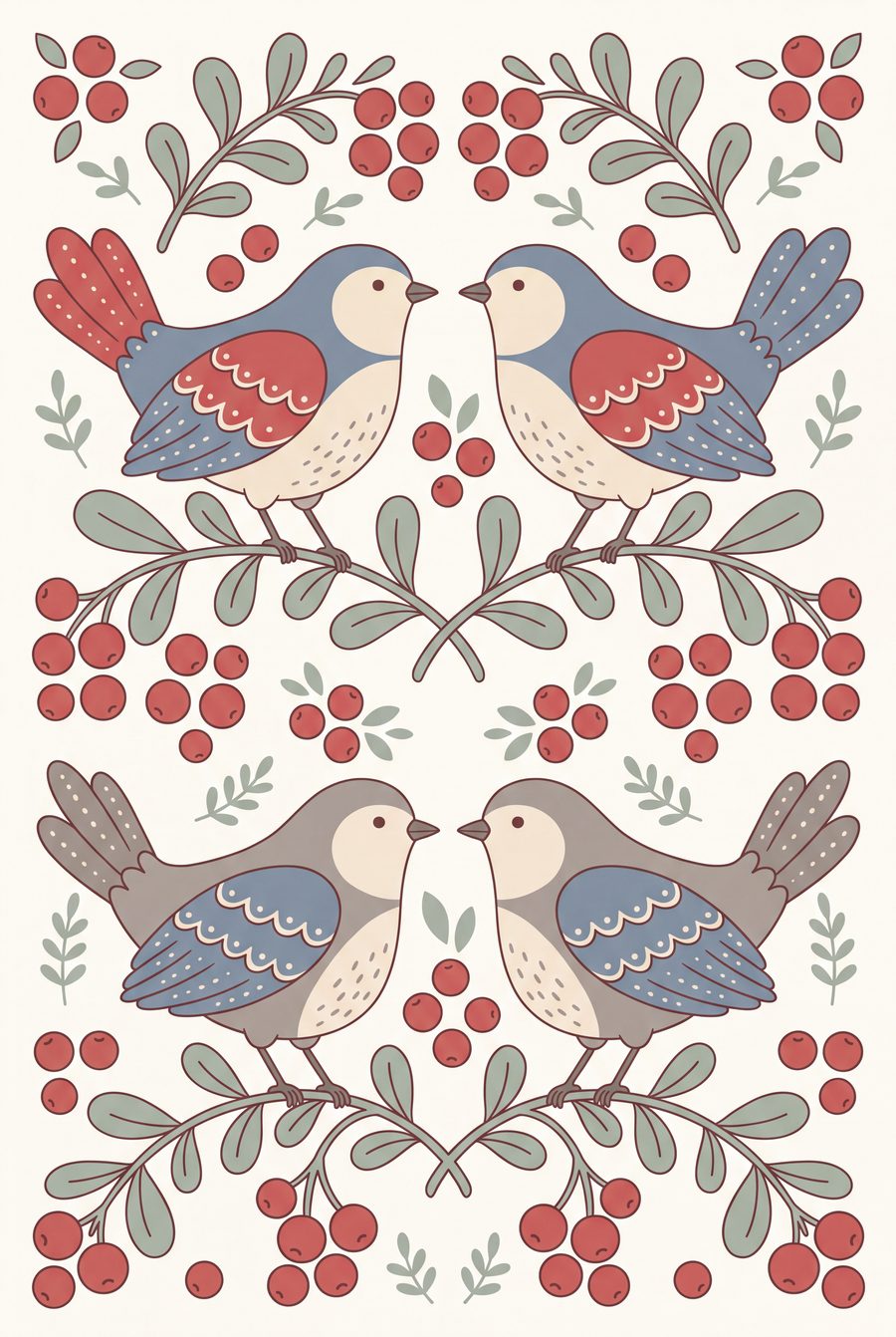 Two Lingonberry Songbirds | Scandi Folk Printable Wall Art Print by Linden Row — print preview