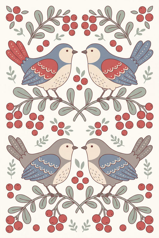 Two Lingonberry Songbirds | Scandi Folk Printable Wall Art Print by Linden Row — print preview