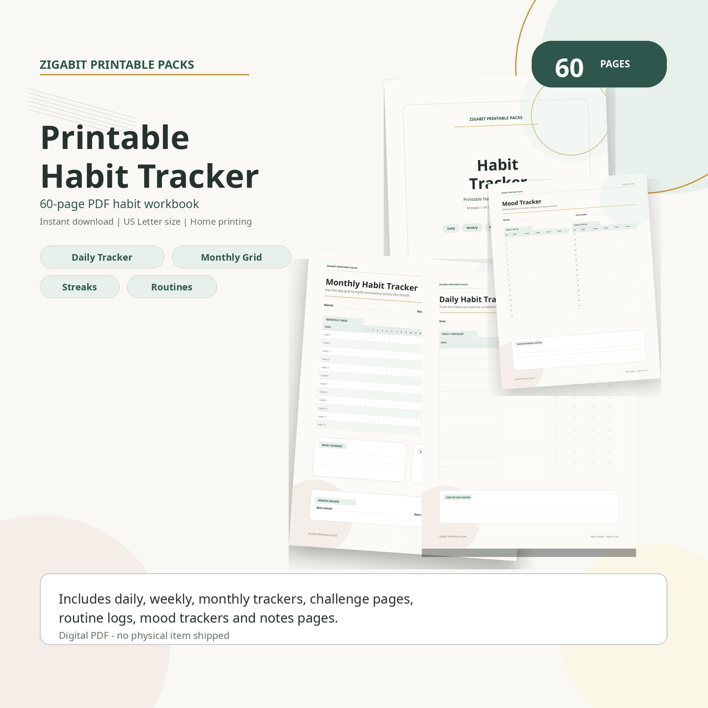 Printable Habit Tracker PDF | 60-Page Habit Planner | Instant Download