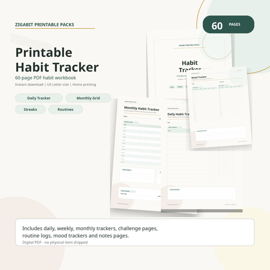 Printable Habit Tracker PDF | 60-Page Habit Planner | Instant Download