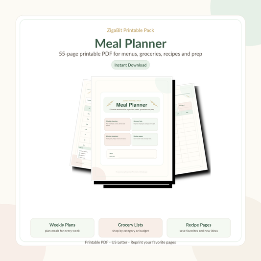 Printable Meal Planner PDF – 55-Page Meal Planning Workbook