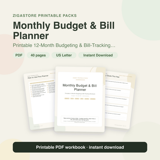 Monthly Budget & Bill Planner — Printable 12-Month Finance Workbook