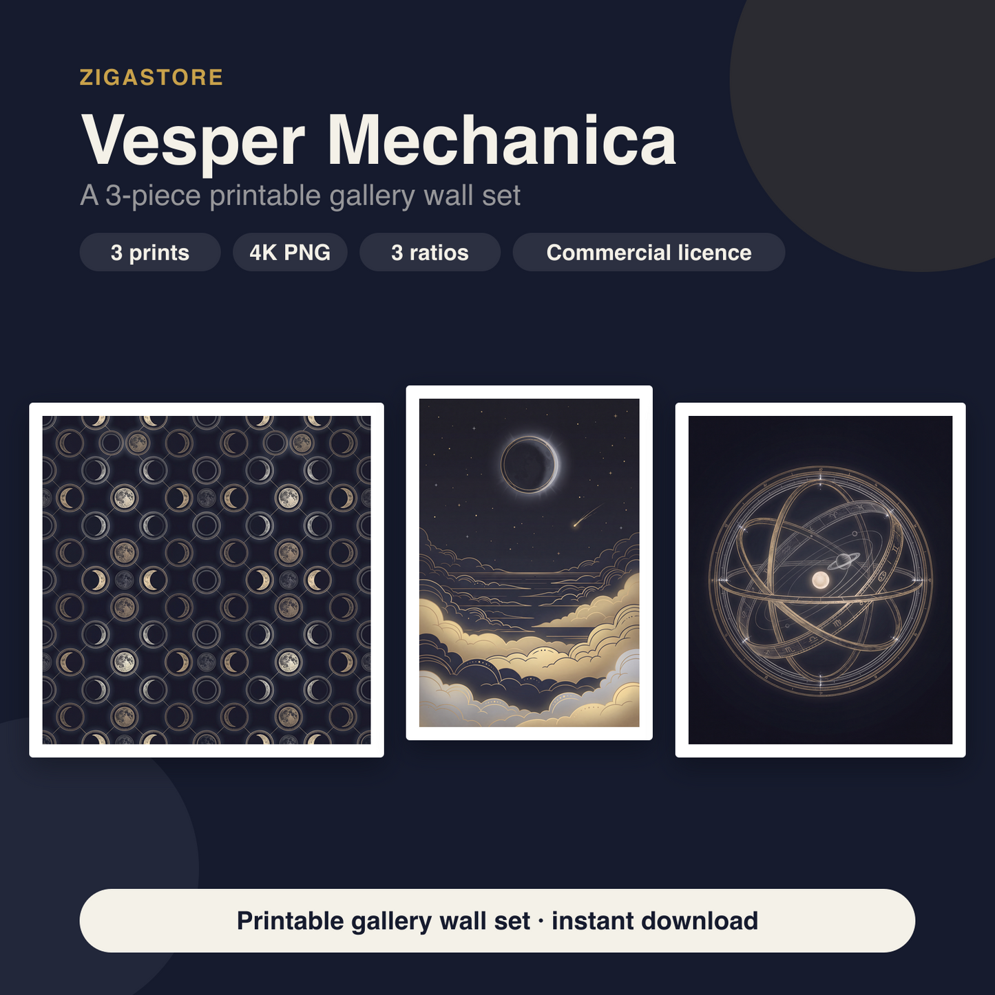 Vesper Mechanica | 3-Piece Dark Celestial Moon Phase Wall Art by Nocturne Press