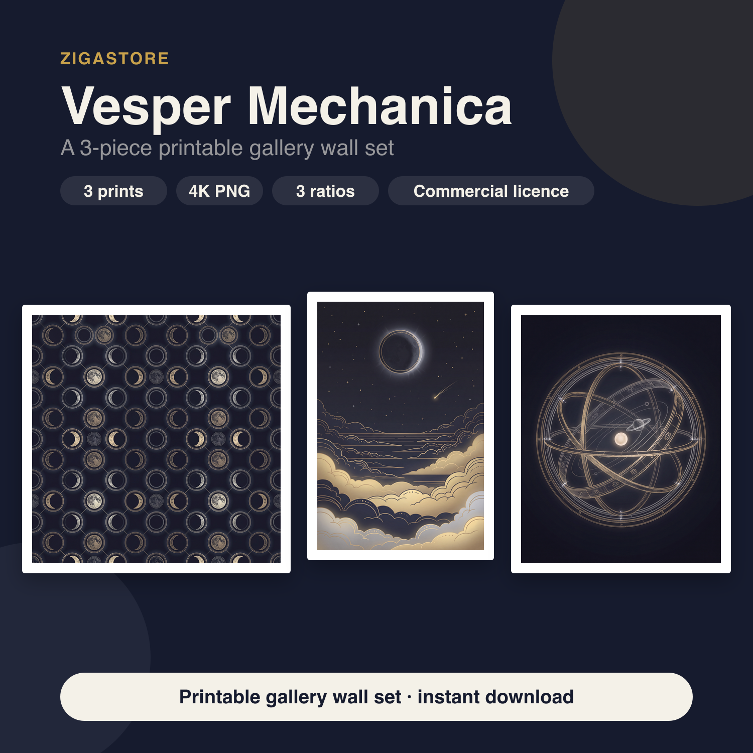 Vesper Mechanica | 3-Piece Dark Celestial Moon Phase Wall Art by Nocturne Press