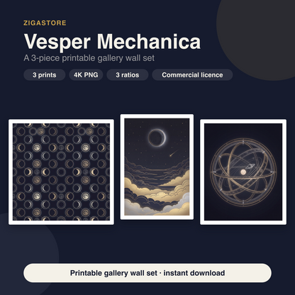 Vesper Mechanica | 3-Piece Dark Celestial Moon Phase Wall Art by Nocturne Press