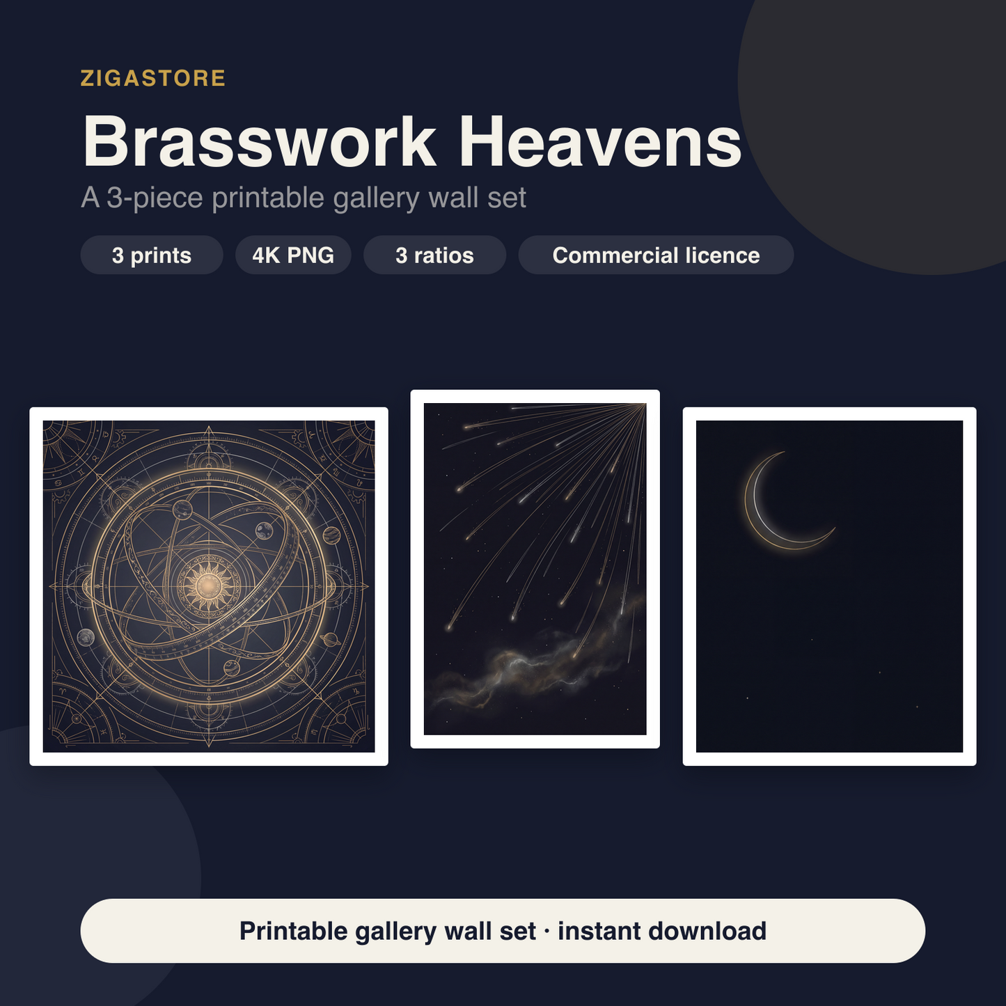 Brasswork Heavens — Dark Celestial 3-Piece Printable Wall Art Set by Nocturne Press