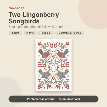 Two Lingonberry Songbirds | Scandi Folk Printable Wall Art Print by Linden Row