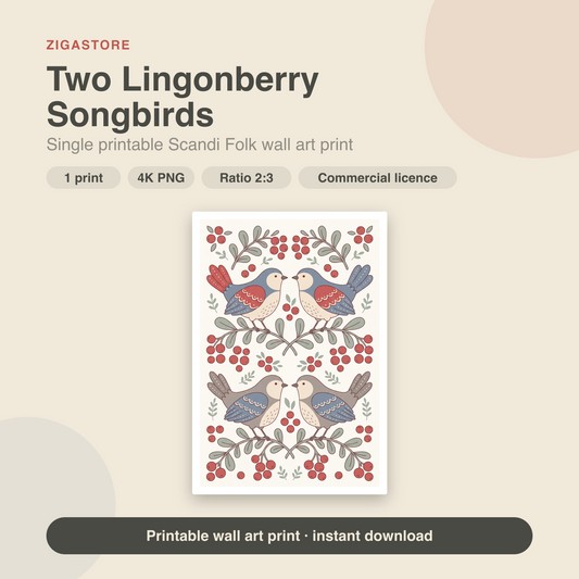 Two Lingonberry Songbirds | Scandi Folk Printable Wall Art Print by Linden Row