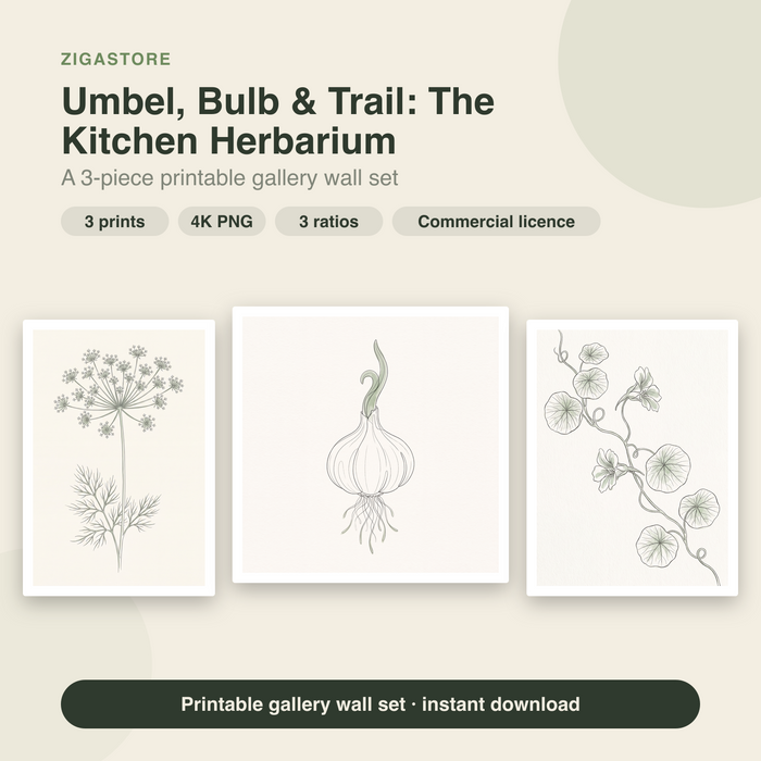 Umbel, Bulb & Trail Kitchen Herbarium — 3 Line Art Prints by Verdant Hours