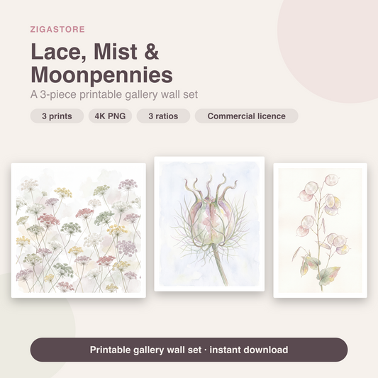 Lace, Mist & Moonpennies — Pressed Botanical Bathroom Wall Art Set of 3 by Pressed Petal
