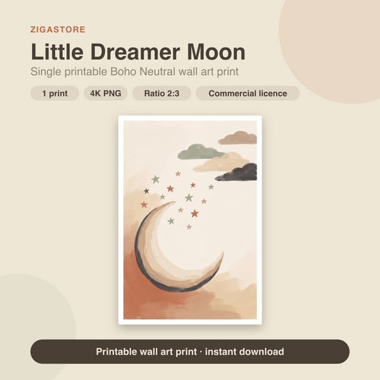 Little Dreamer Moon | Boho Neutral Printable Wall Art Print by Saffron & Sage