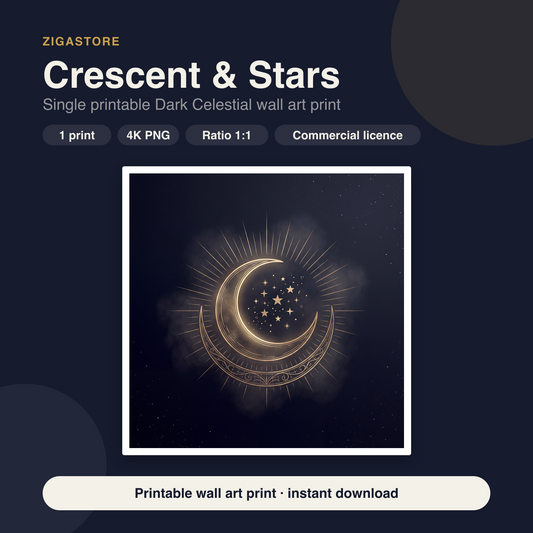 Crescent & Stars | Dark Celestial Printable Wall Art Print by Nocturne Press