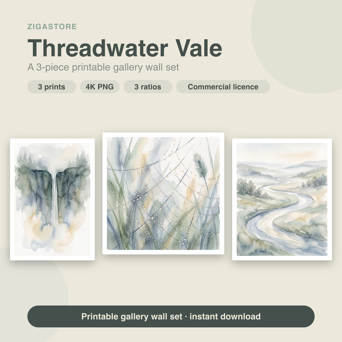 Threadwater Vale — Soft Watercolour 3-Piece Gallery Wall Set by Tea & Tide