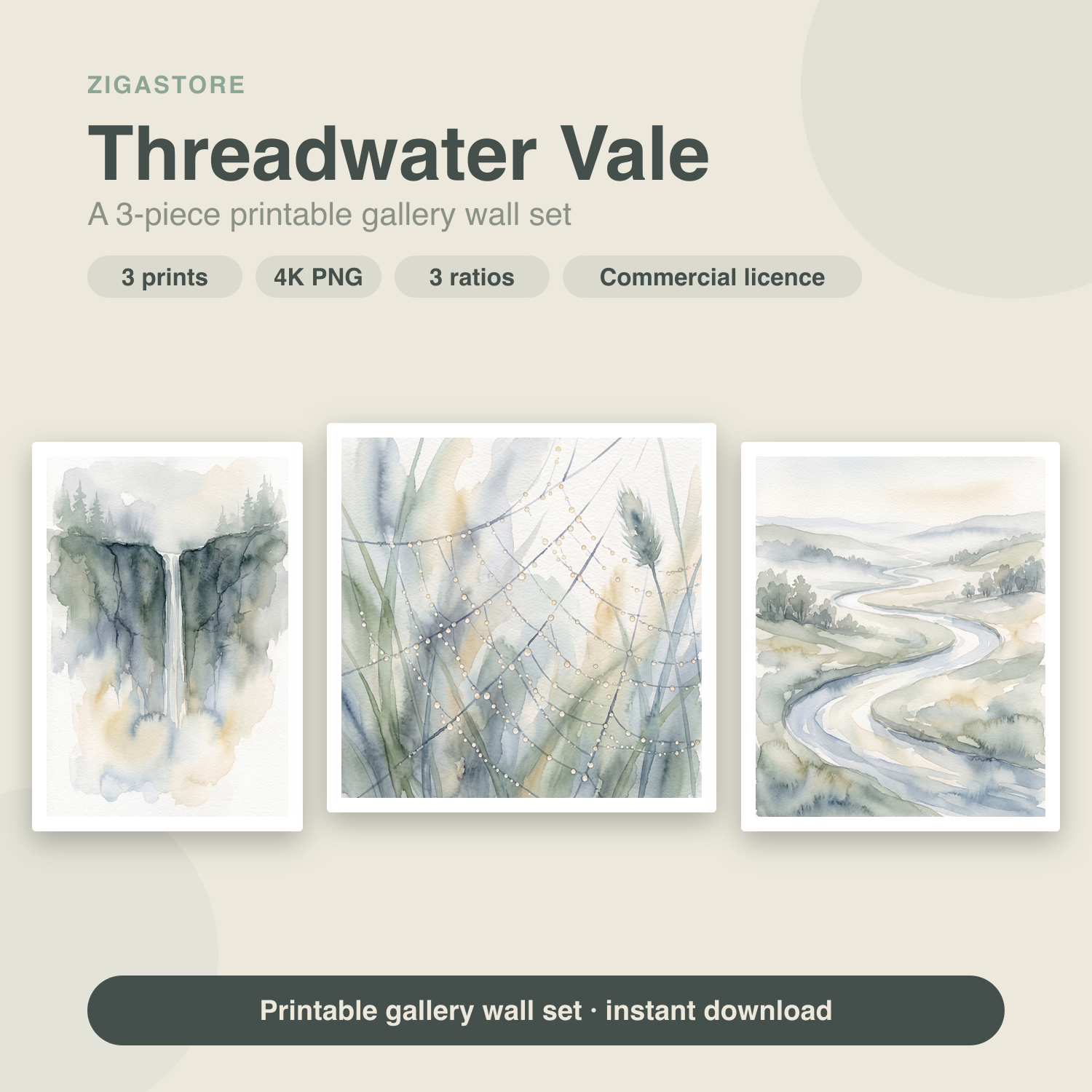 Threadwater Vale — Soft Watercolour 3-Piece Gallery Wall Set by Tea & Tide