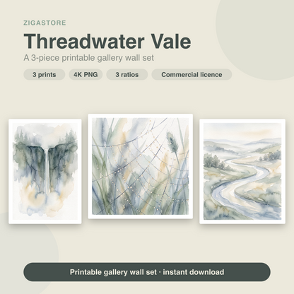 Threadwater Vale — Soft Watercolour 3-Piece Gallery Wall Set by Tea & Tide