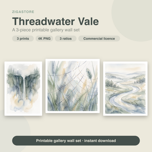 Threadwater Vale — Soft Watercolour 3-Piece Gallery Wall Set by Tea & Tide