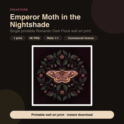 Emperor Moth in the Nightshade | Romantic Dark Floral Printable Wall Art Print by Velvet Dusk