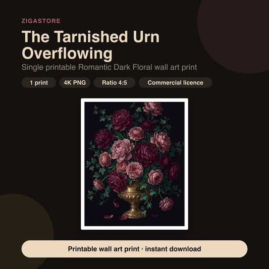 The Tarnished Urn Overflowing | Romantic Dark Floral Printable Wall Art Print by Velvet Dusk