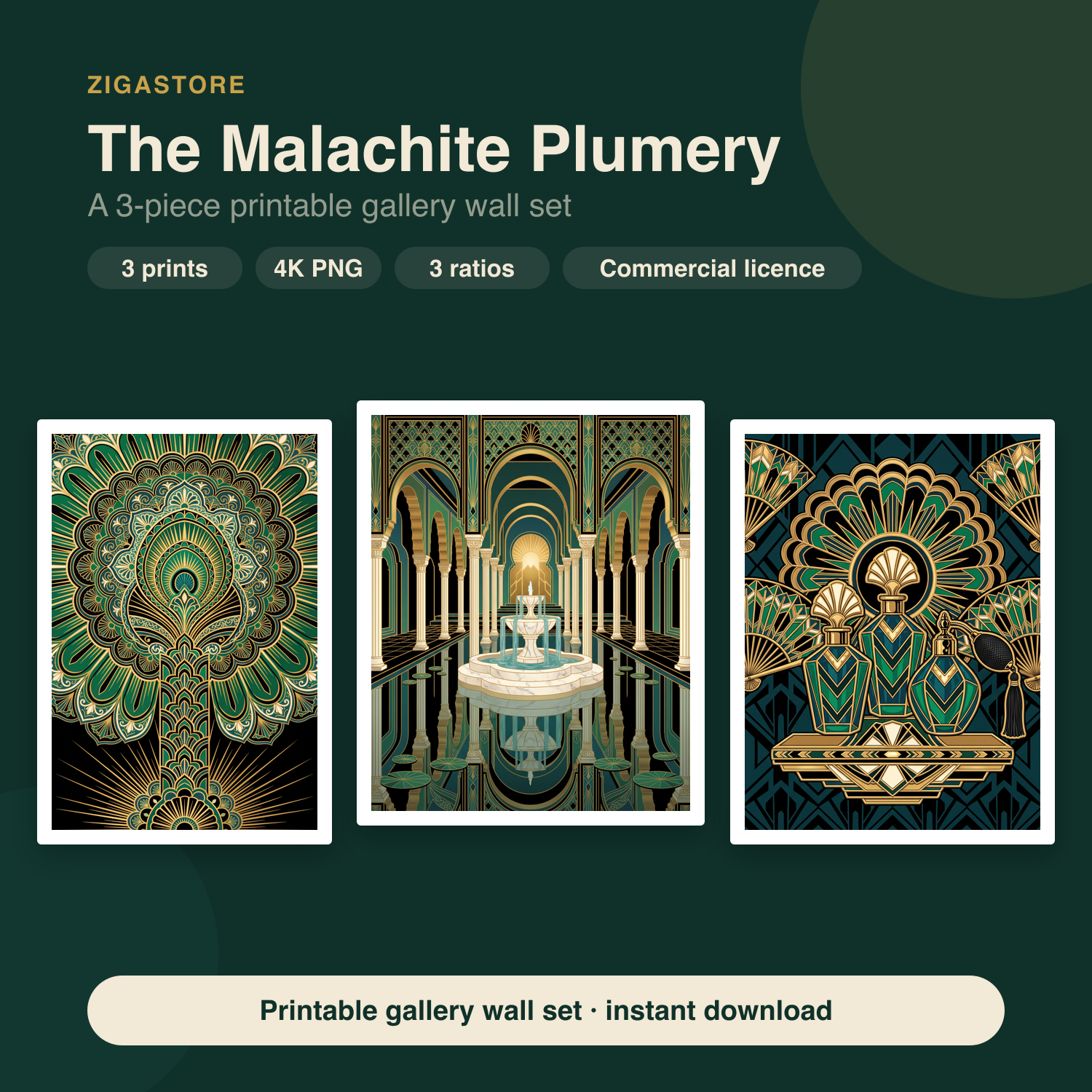 The Malachite Plumery | Emerald Art Deco Powder Room Wall Art Set of 3 by Marrow & Gold