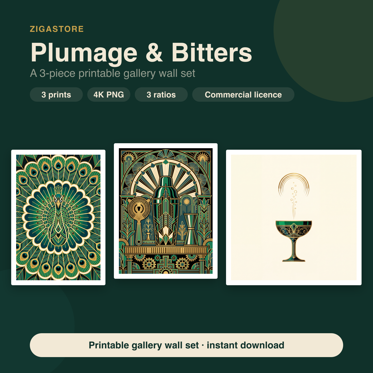 Plumage & Bitters Art Deco Bar Cart Wall Art | 3 Printable Set by Marrow & Gold
