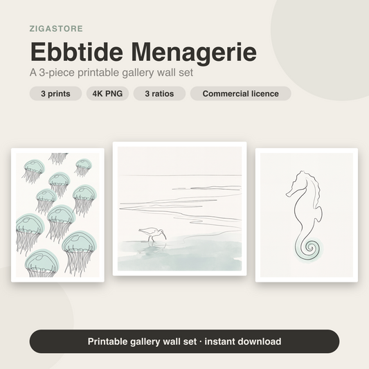 Ebbtide Menagerie — Coastal Line Art Set of 3 Printable Prints by Slate & Sparrow