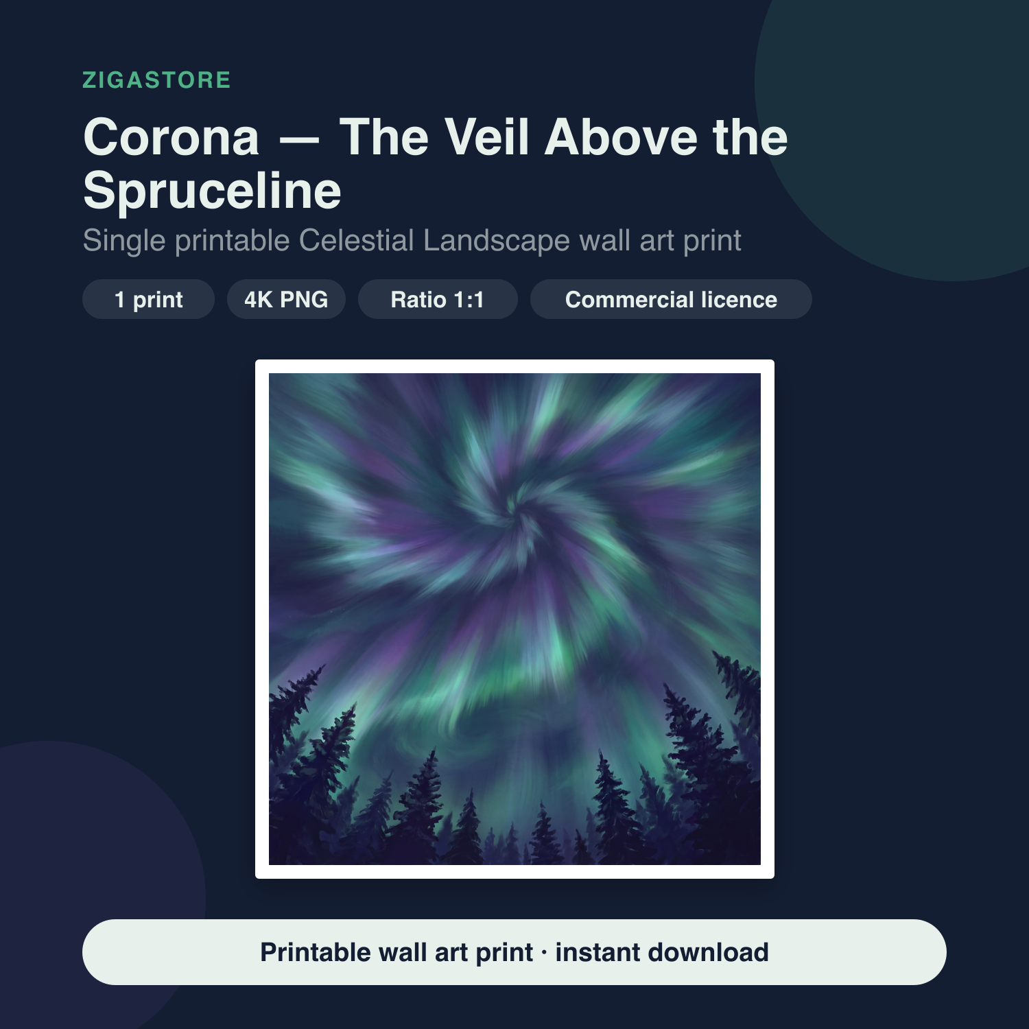 Corona — The Veil Above the Spruceline | Celestial Landscape Printable Wall Art Print by Aurora Vale