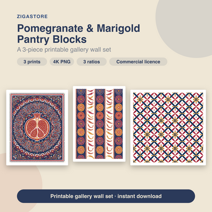 Pomegranate & Marigold Pantry Blocks – 3 Folk Kitchen Prints by Monsoon Atelier