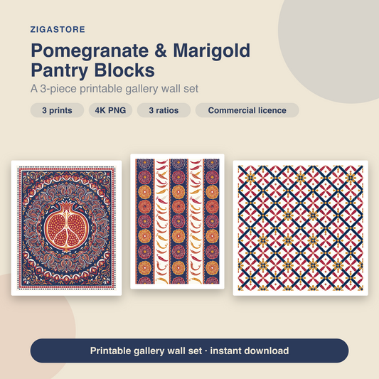 Pomegranate & Marigold Pantry Blocks – 3 Folk Kitchen Prints by Monsoon Atelier