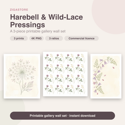 Harebell & Wild-Lace Pressings | 3 Pressed Botanical Nursery Prints by Pressed Petal