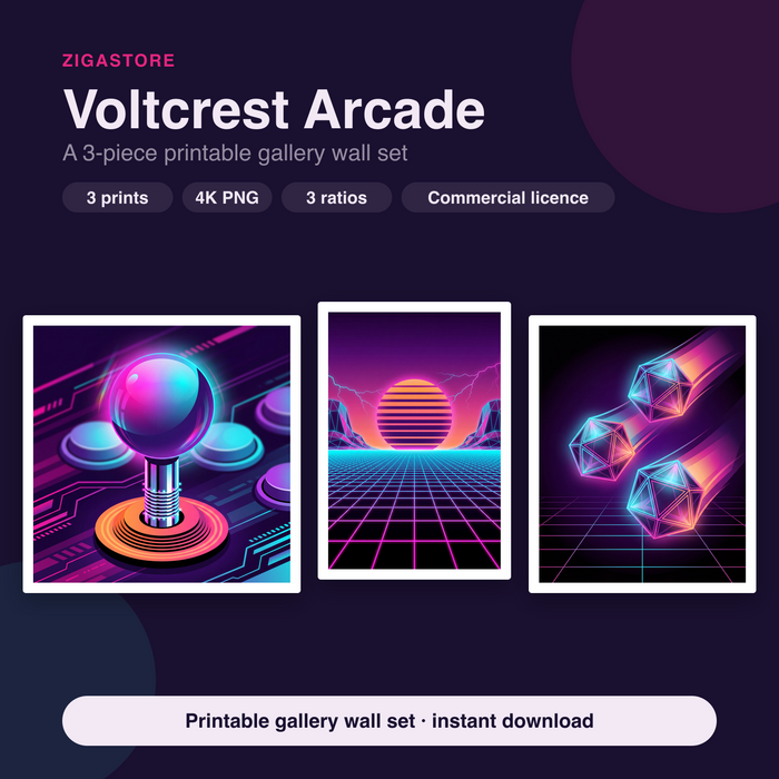 Voltcrest Arcade Synthwave Gaming Room Wall Art — Set of 3 by Prism & Pulse