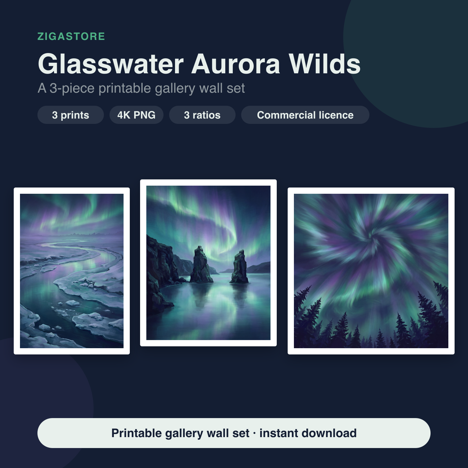 Glasswater Aurora Wilds | 3-Piece Northern Lights Printable Wall Art Set by Aurora Vale