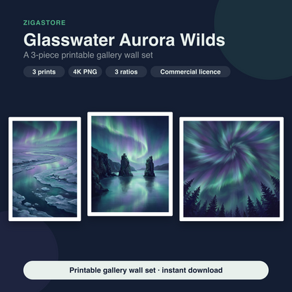 Glasswater Aurora Wilds | 3-Piece Northern Lights Printable Wall Art Set by Aurora Vale