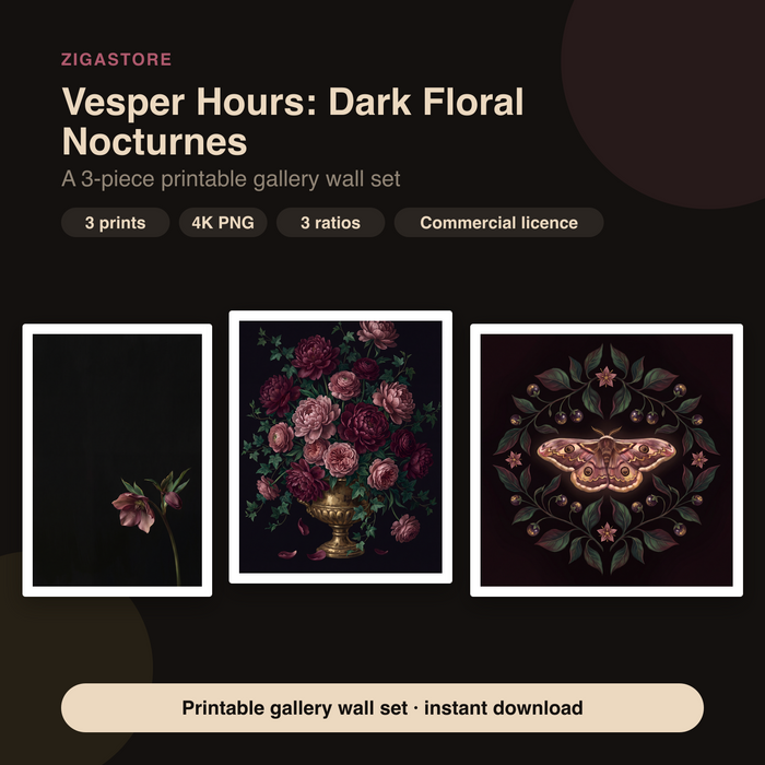 Vesper Hours Dark Floral Gallery Wall Set | 3 Printable Prints by Velvet Dusk
