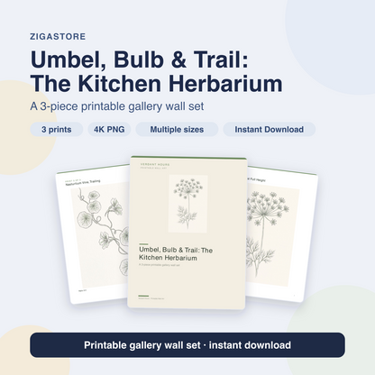 Umbel, Bulb & Trail Kitchen Herbarium — 3 Line Art Prints by Verdant Hours