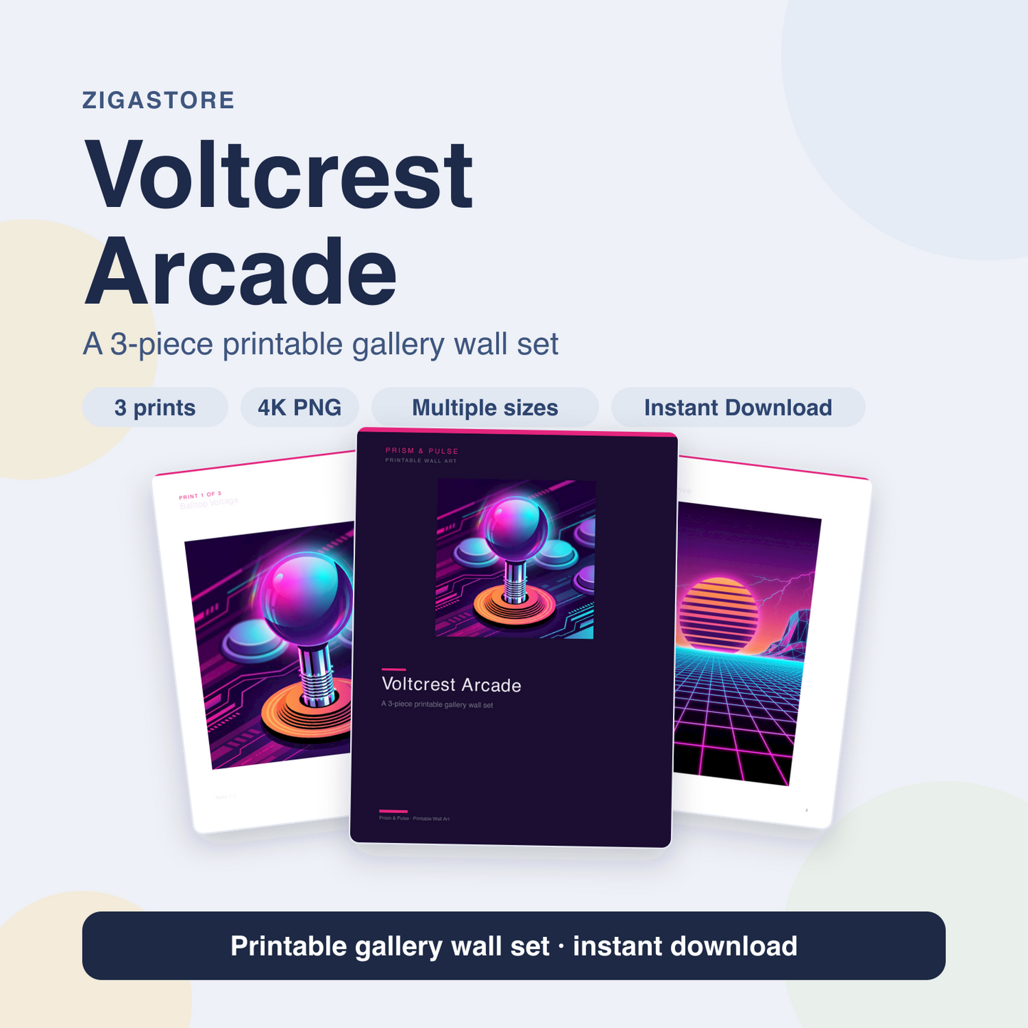Voltcrest Arcade Synthwave Gaming Room Wall Art — Set of 3 by Prism & Pulse