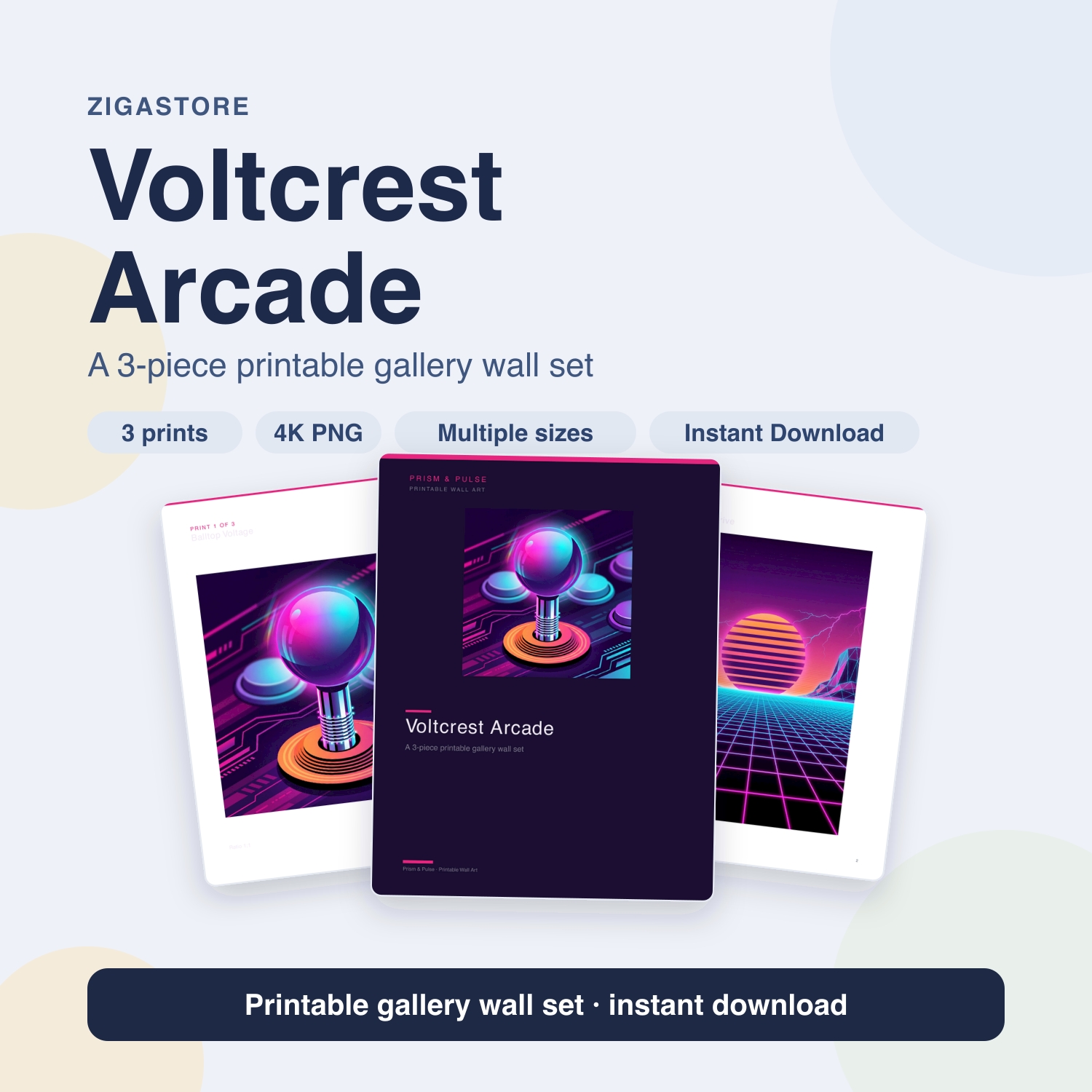 Voltcrest Arcade Synthwave Gaming Room Wall Art — Set of 3 by Prism & Pulse