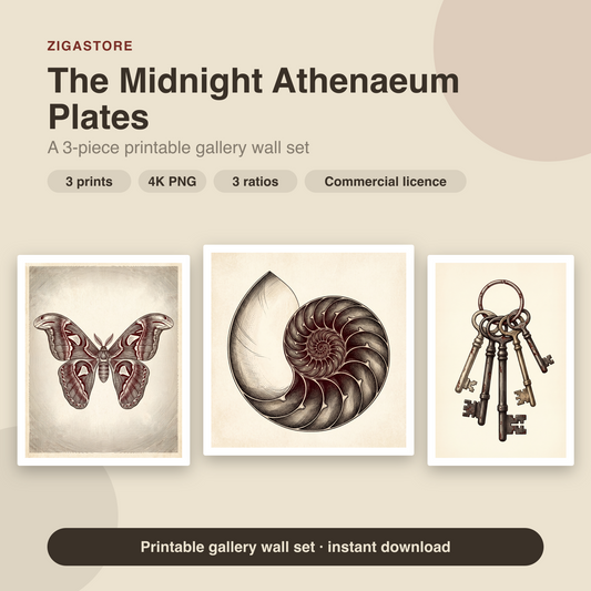 Midnight Athenaeum Plates - Dark Academia 3-Piece Printable Wall Art by Inkwell & Bramble
