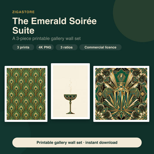 The Emerald Soirée Suite — Art Deco Gatsby Dining Wall Art Set of 3 by Marrow & Gold