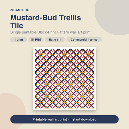 Mustard-Bud Trellis Tile | Block-Print Pattern Printable Wall Art Print by Monsoon Atelier