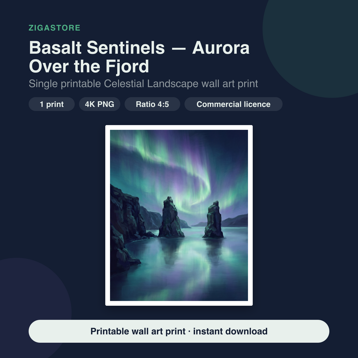Basalt Sentinels — Aurora Over the Fjord | Celestial Landscape Printable Wall Art Print by Aurora Vale