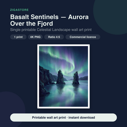 Basalt Sentinels — Aurora Over the Fjord | Celestial Landscape Printable Wall Art Print by Aurora Vale