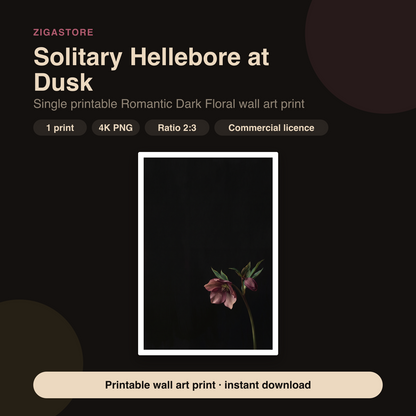 Solitary Hellebore at Dusk | Romantic Dark Floral Printable Wall Art Print by Velvet Dusk