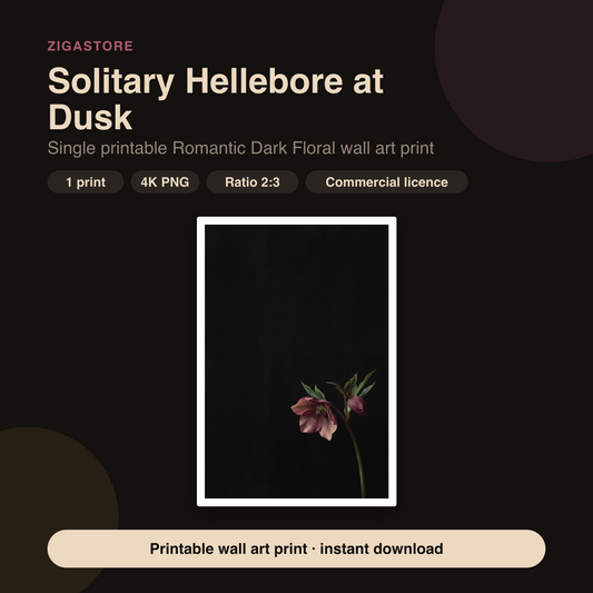 Solitary Hellebore at Dusk | Romantic Dark Floral Printable Wall Art Print by Velvet Dusk