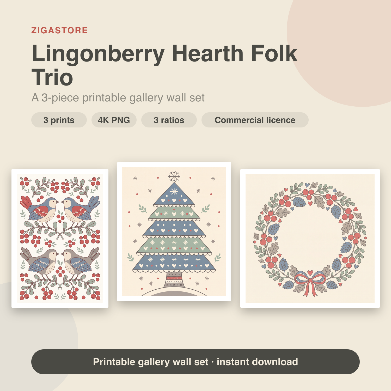 Lingonberry Hearth Folk Trio | 3 Scandi Christmas Wall Prints by Linden Row