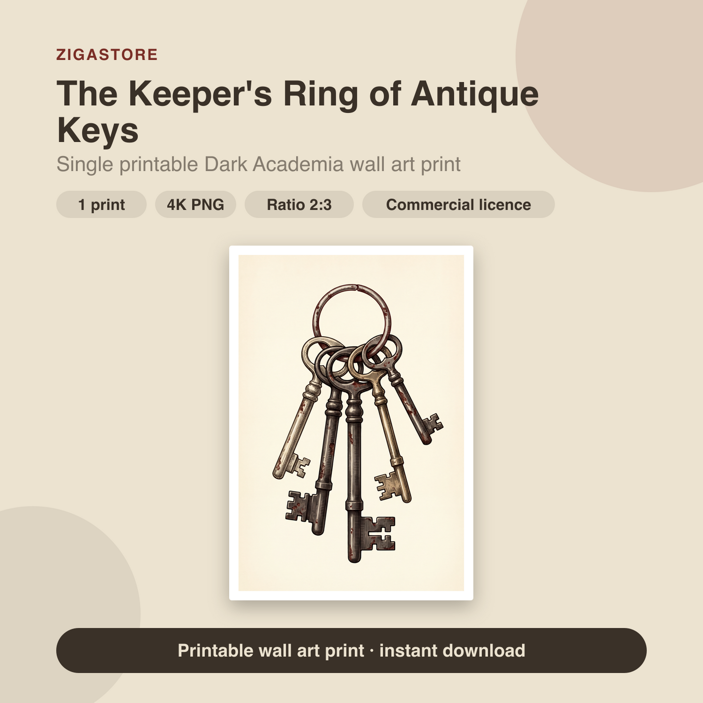 The Keeper's Ring of Antique Keys | Dark Academia Printable Wall Art Print by Inkwell & Bramble