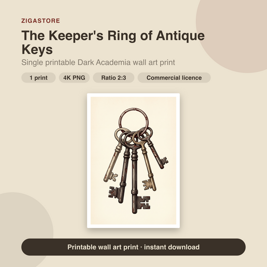 The Keeper's Ring of Antique Keys | Dark Academia Printable Wall Art Print by Inkwell & Bramble
